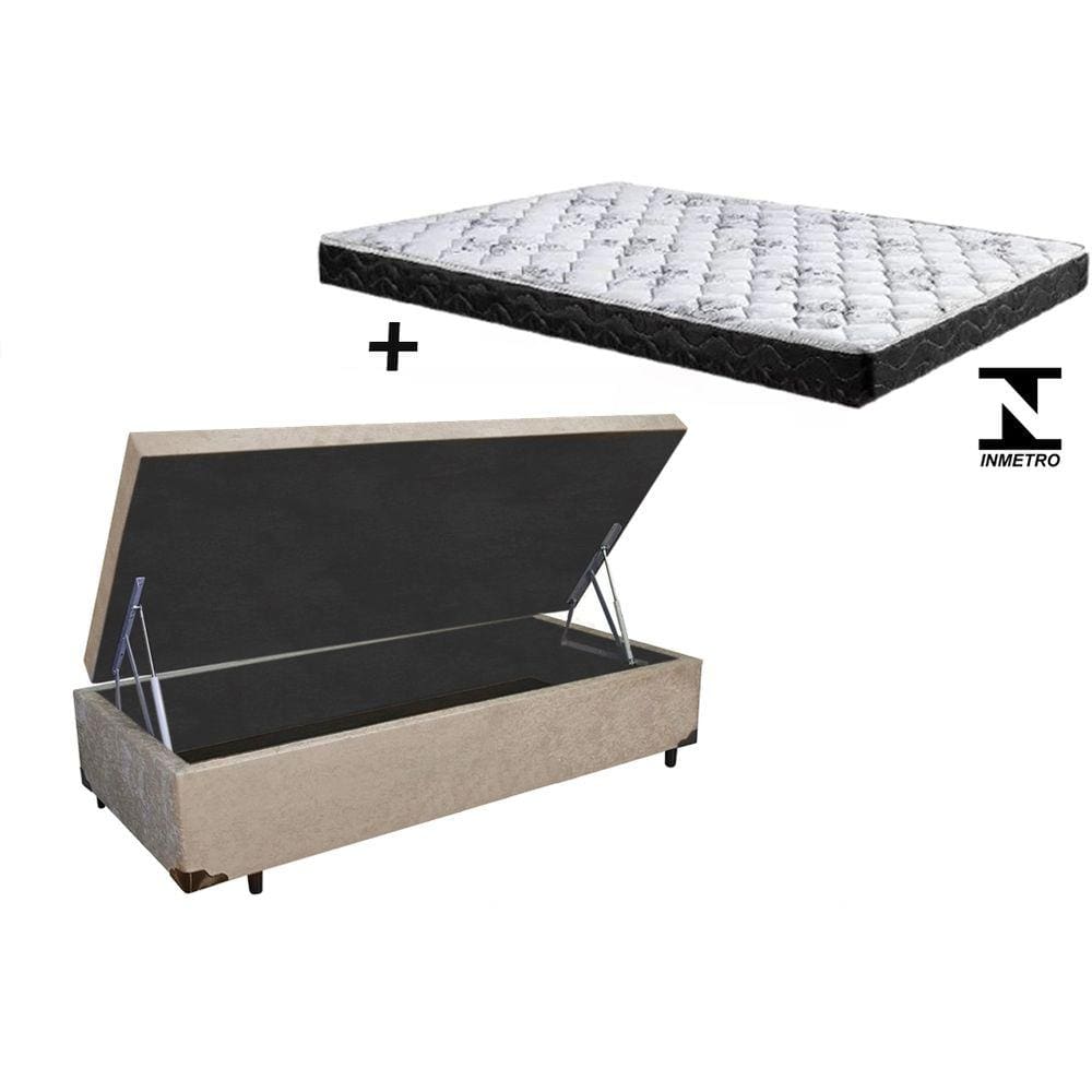 Cama Box Baú Solteiro Conforto Suede Bege + Colchão Solteiro Conforto Espuma D23 14x88x188