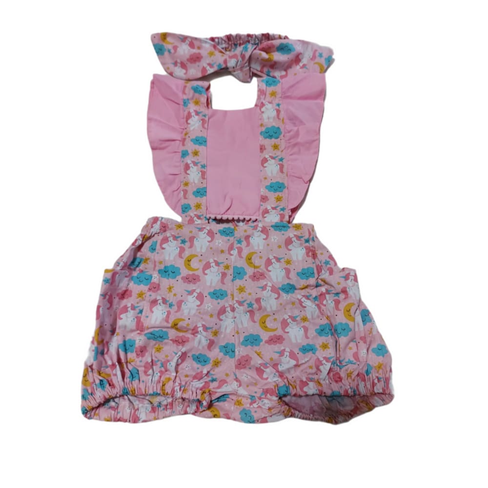 Romper Luxo Short Unicórnio Rosa