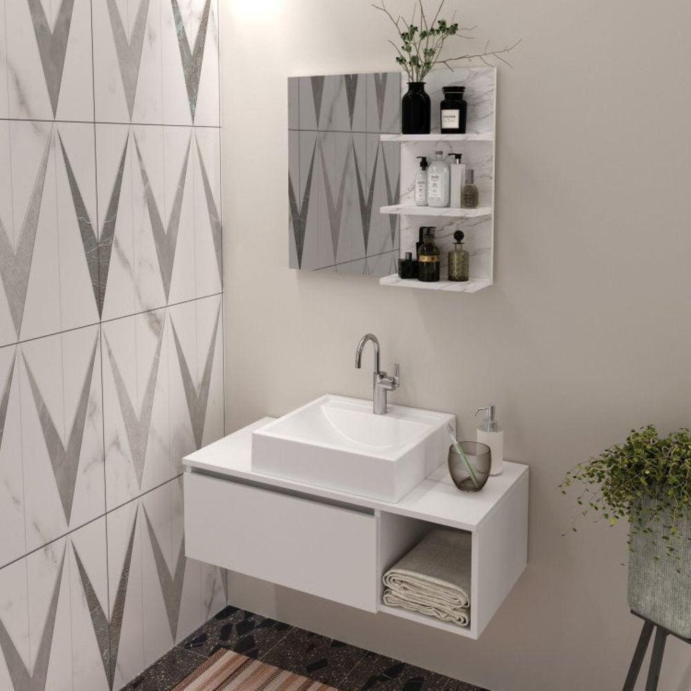 Conjunto Suspenso para Banheiro com Espelheira 80cm Branco