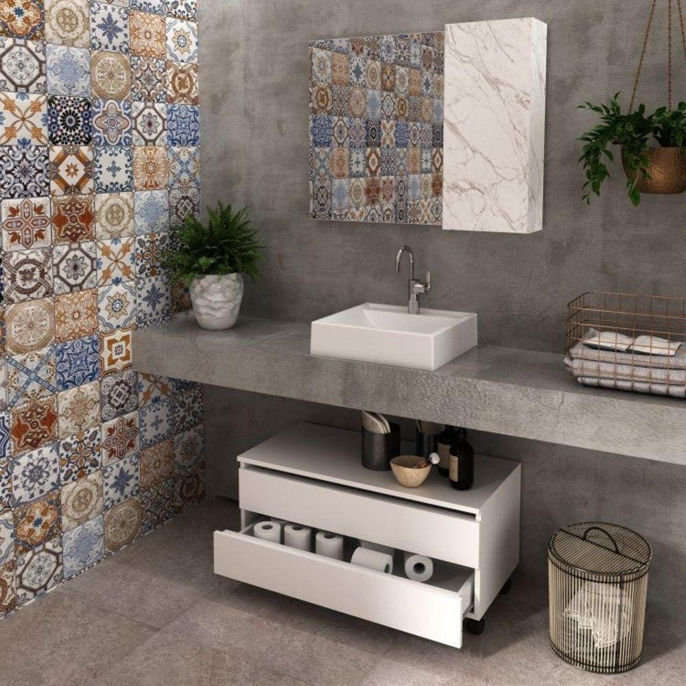 Gabinete Rodizio para Banheiro com Espelheira 80cm Branco