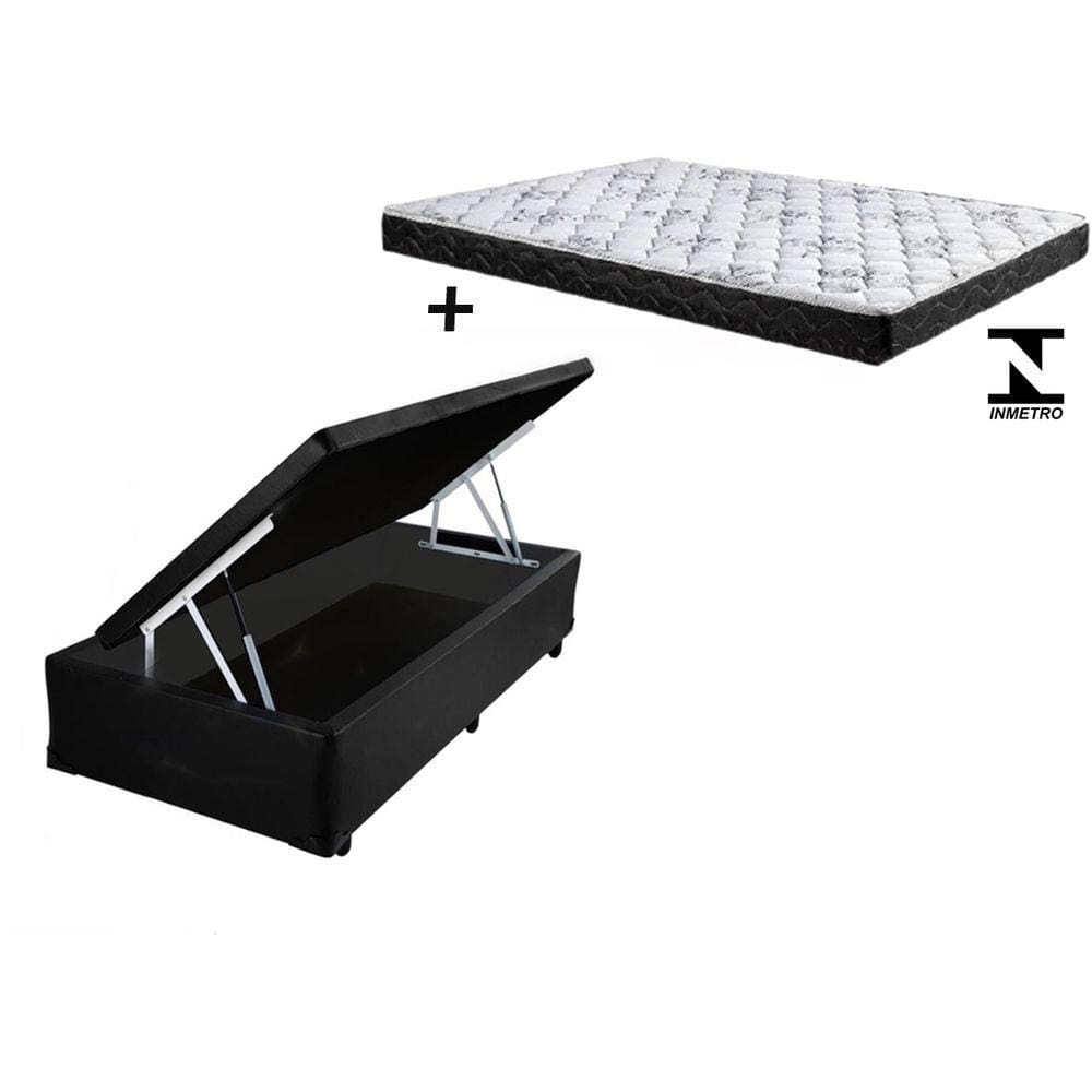 Cama Box Baú Solteiro Conforto Sintético Preto + Colchão Solteiro Conforto Espuma D23  17x88x188