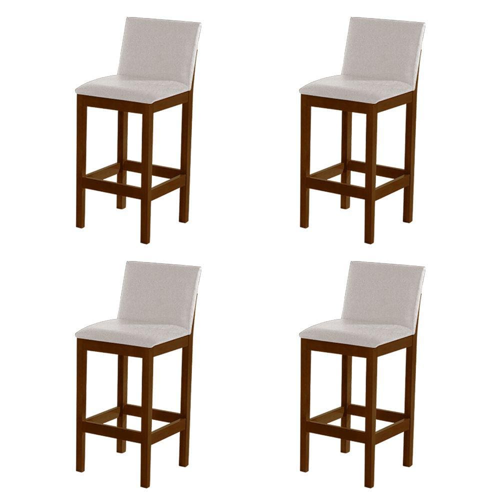 Kit 4 Banquetas Alta Pérola com Encosto Estofado Linho Bege Madeira Maciça Imbuia