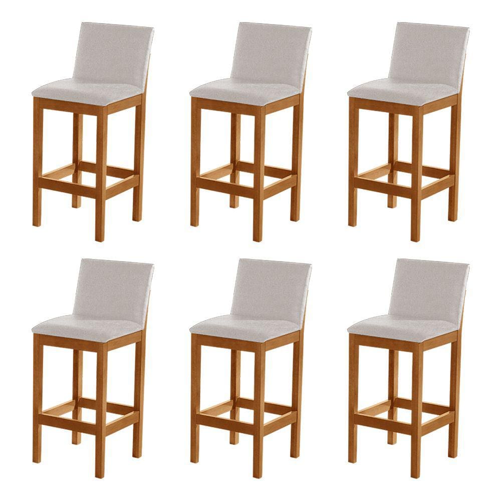 Kit 6 Banquetas Alta Pérola com Encosto Estofado Linho Bege Madeira Maciça Castanho