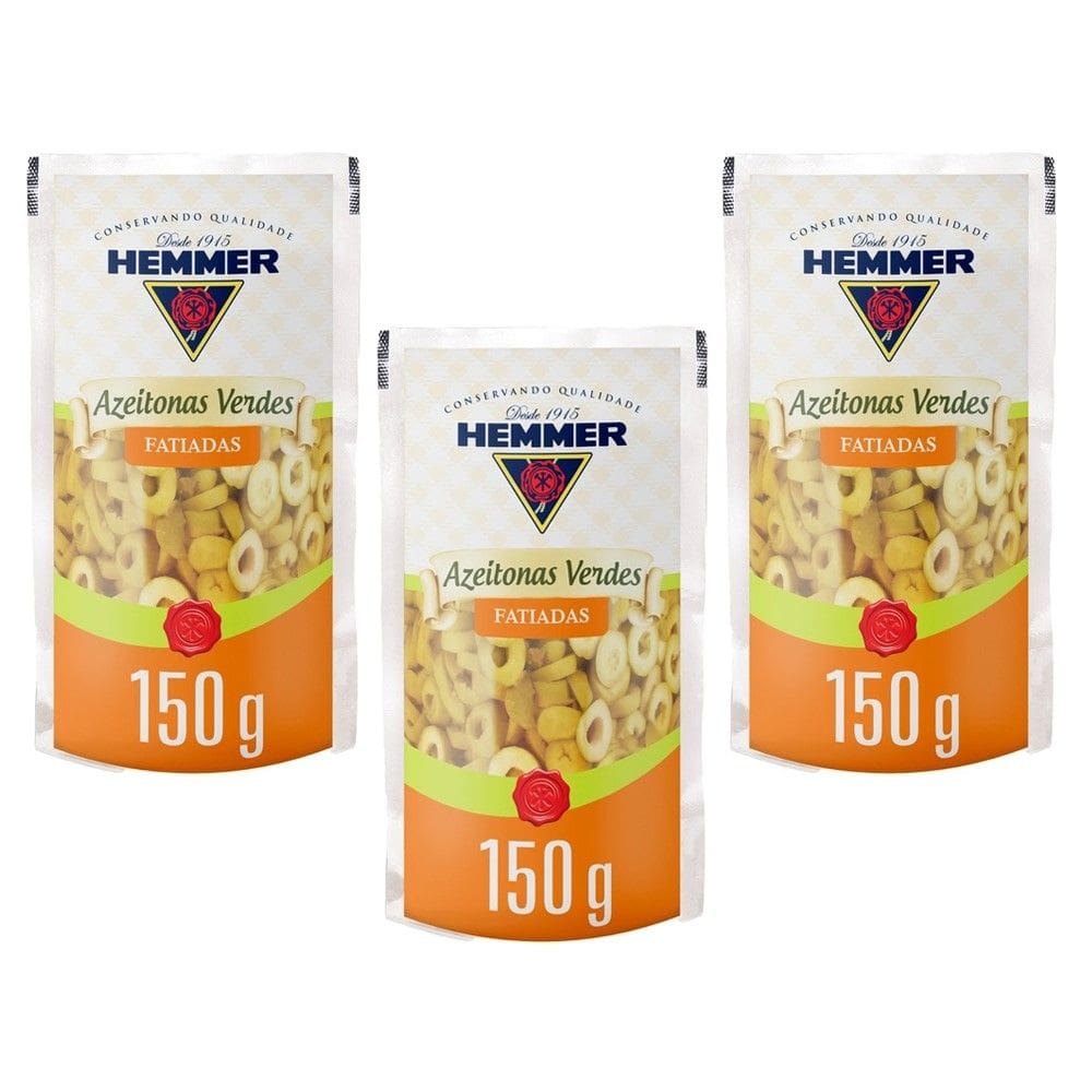 Kit com 3 Azeitonas Verdes Fatiadas Sachê 150g Hemmer