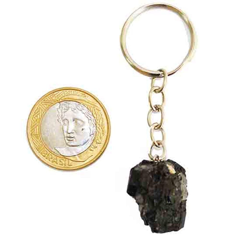 Chaveiro Canudo Turmalina Preta Bruta Natural Prateado