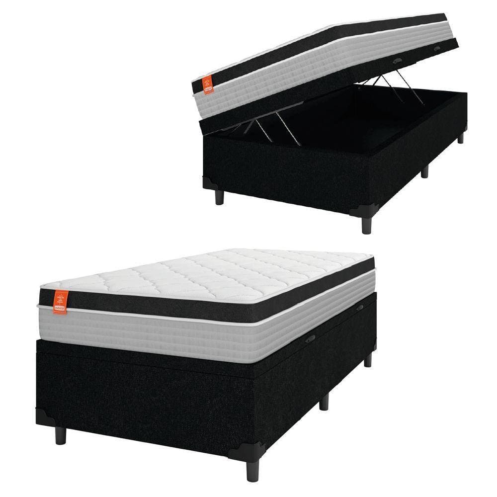 Cama Box Baú Solteiro Colchão Molas Ensacadas Real 88x188x68cm Preto / Cinza - Suporta Até 130kg Por Pessoa Preto