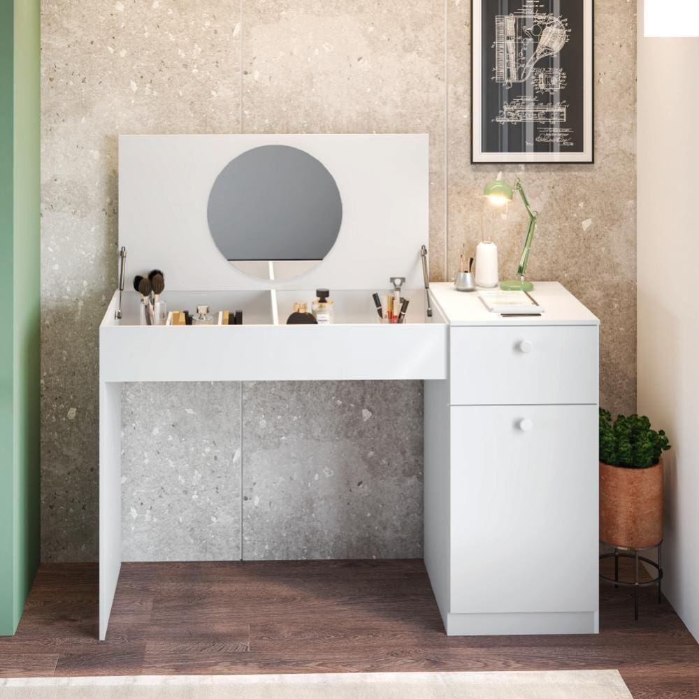 Escrivaninha Penteadeira Com Espelho 1 Porta 1 Gaveta Monalisa Branco Fiorello Branco