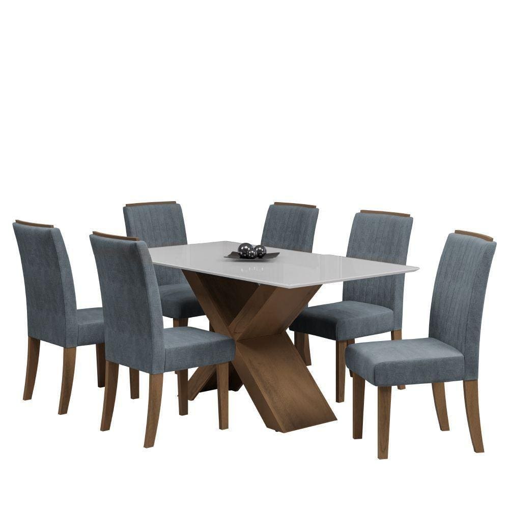 Conjunto De Mesa Sala De Jantar Tampo Com Vidro Grécia 6 Cadeiras Off White / Cinza / Cedro 1,60m Dobuê Cedro / Off White