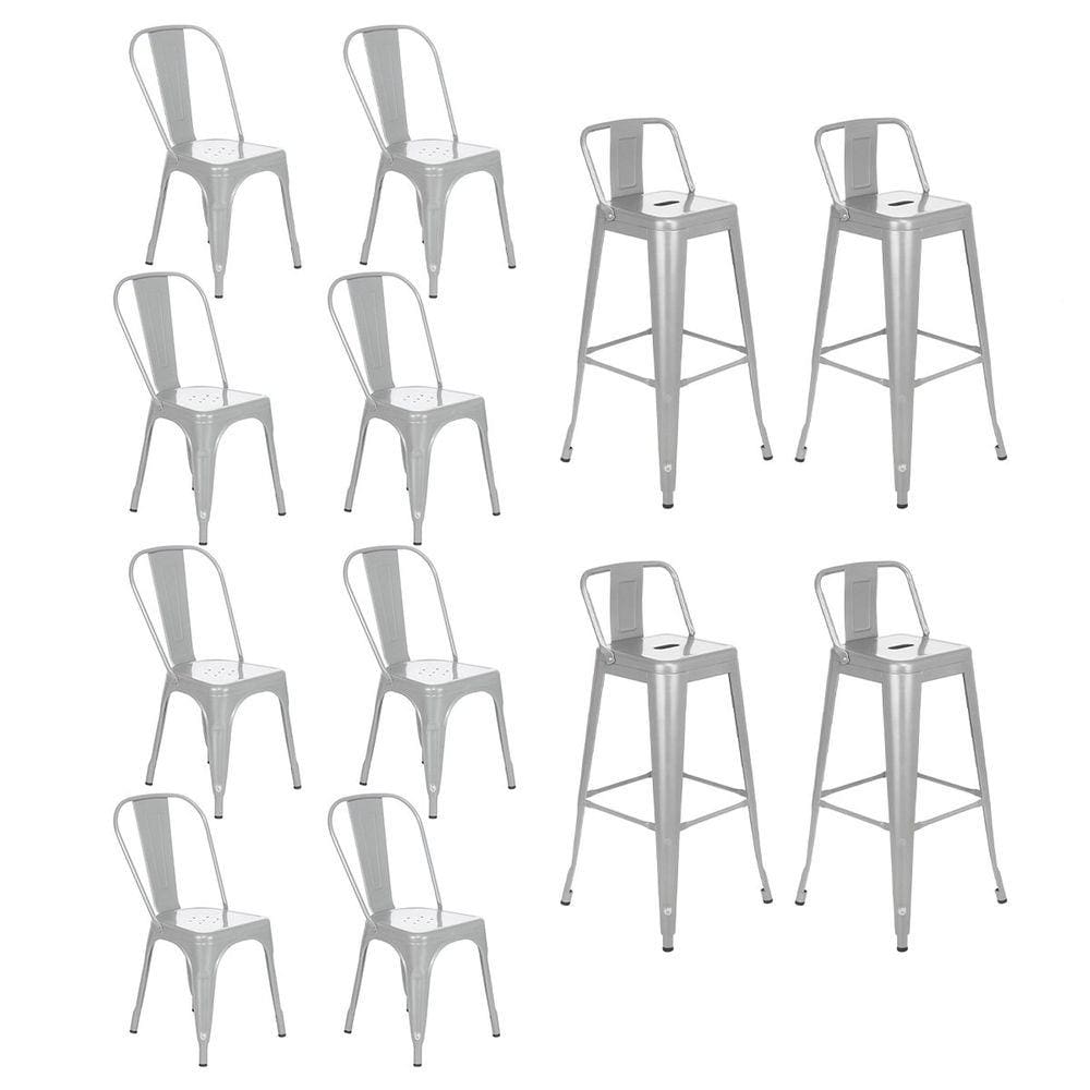 Kit 8 cadeiras + 4 banquetas altas com encosto industrial Loft Vintage Iron Tolix prata