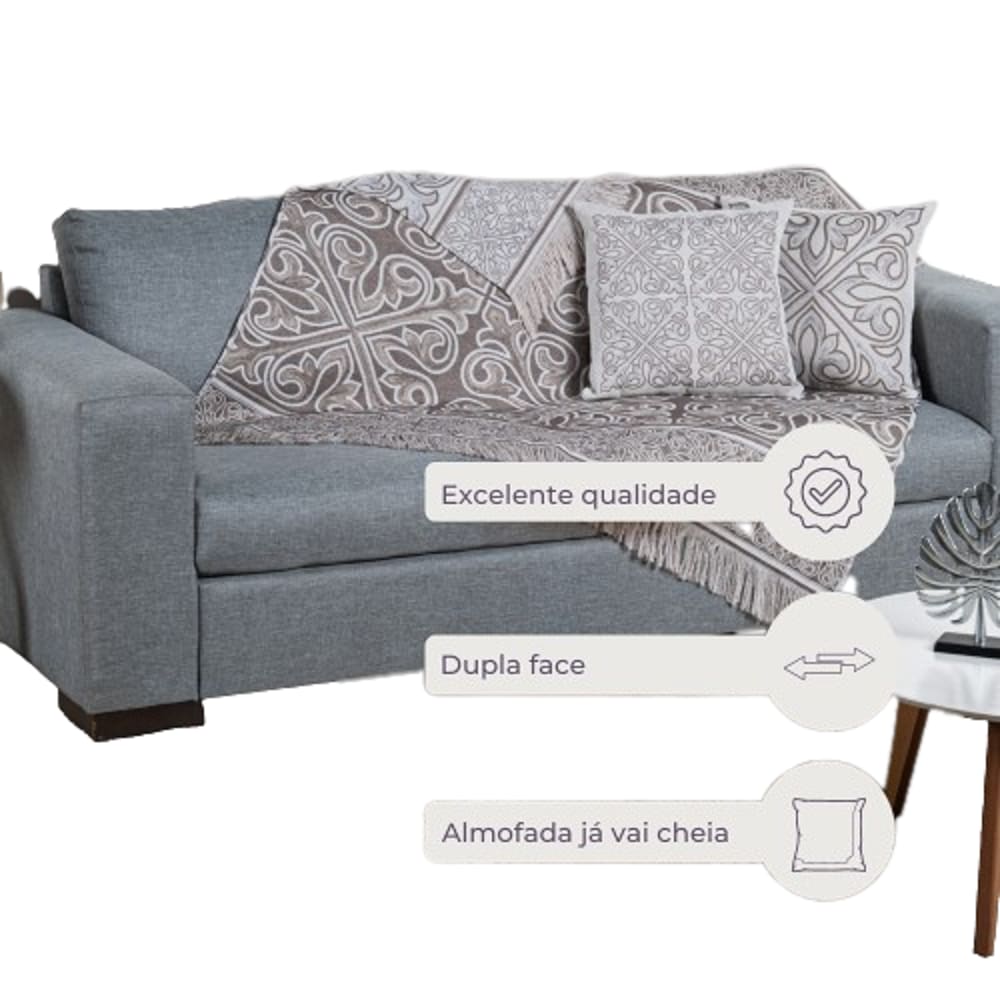 Kit Xale Sofá Almofada Cheia Jacquard 5Pçs Dupla Face Cáqui