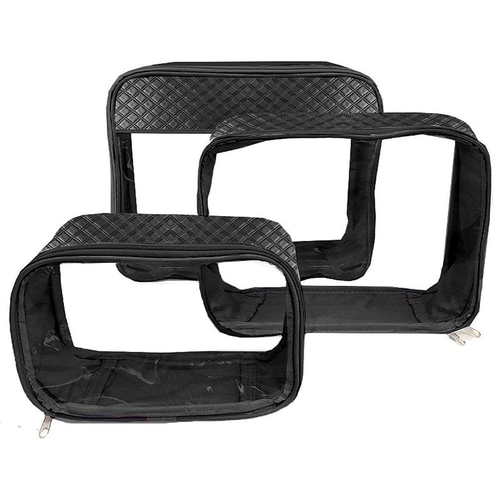 Organizador Mala Transparente com Ziper Bordada Porta Objetos Bolsa Viagem Necessaire Preto 3 peças