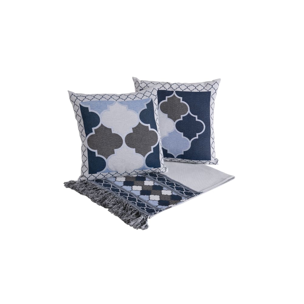 Kit Peseira Cama C/Almofadas Cheias King 5 Pçs Jacquard Azul