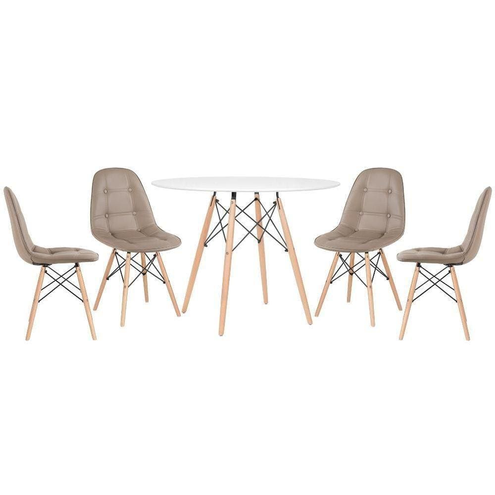 Mesa Redonda Eames 100 Cm Branco + 4 Cadeiras Estofadas Eiffel Botonê Nude Nude