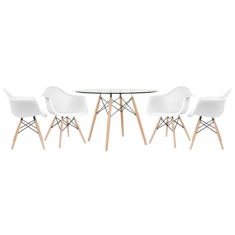 Mesa Redonda Eames Com Tampo De Vidro 120 Cm + 4 Cadeiras Eiffel Daw Branco Branco