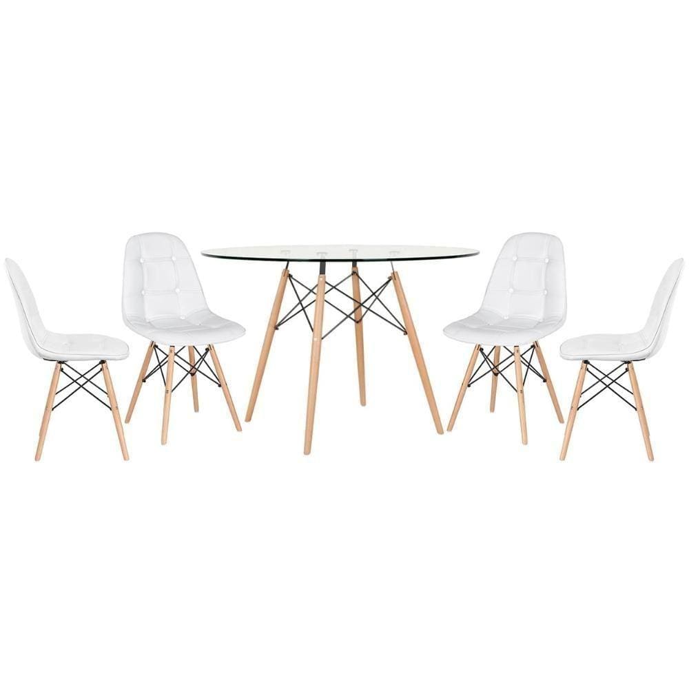 Mesa Eames Com Tampo De Vidro 120 Cm + 4 Cadeiras Estofadas Eiffel Botonê Branco Branco