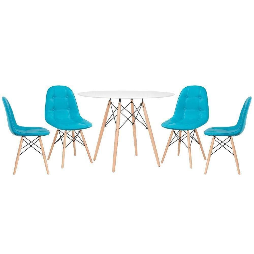 Mesa Redonda Eames 100 Cm Branco + 4 Cadeiras Estofadas Eiffel Botonê Azul Tiffany Azul Tiffany
