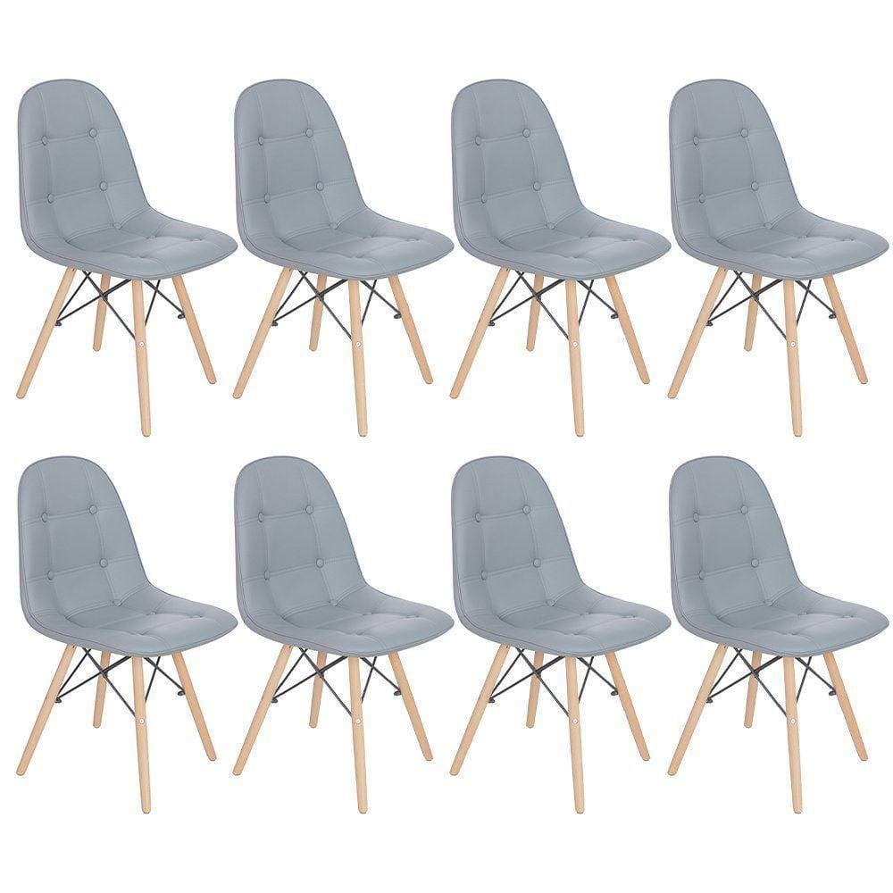 Kit 8 Cadeiras Estofadas Charles Eames Eiffel Botonê Com Pés De Madeira Clara Cinza Médio