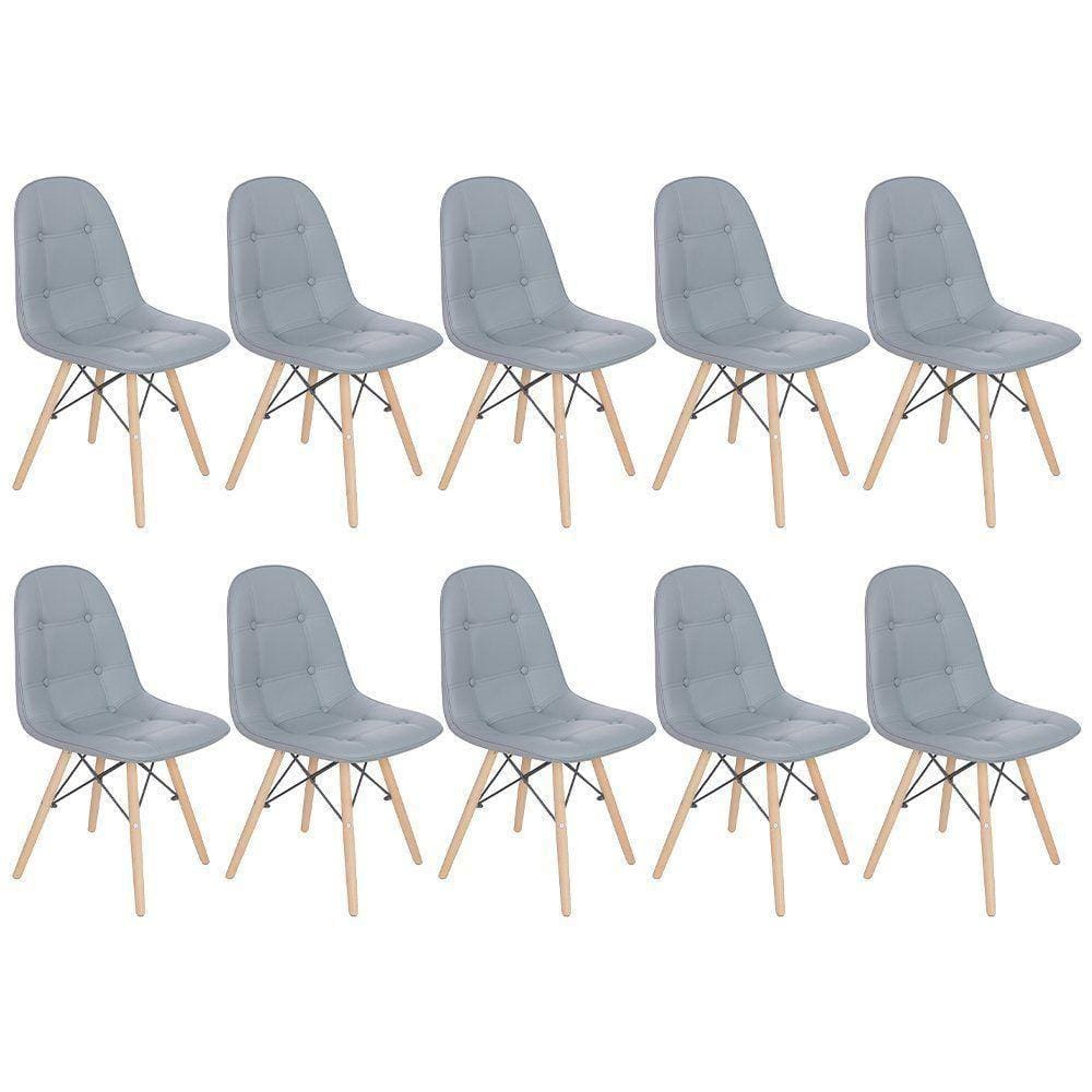 Kit 10 Cadeiras Estofadas Charles Eames Eiffel Botonê Com Pés De Madeira Clara Cinza Médio