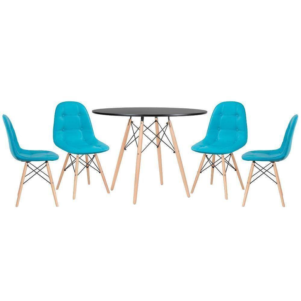 Mesa Redonda Eames 100 Cm Preto + 4 Cadeiras Estofadas Eiffel Botonê Azul Tiffany Azul Tiffany