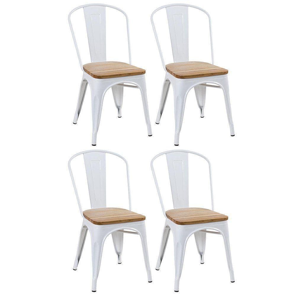 Kit 4 Cadeiras Iron Tolix Com Assento De Madeira Industrial Jantar Cozinha Branco