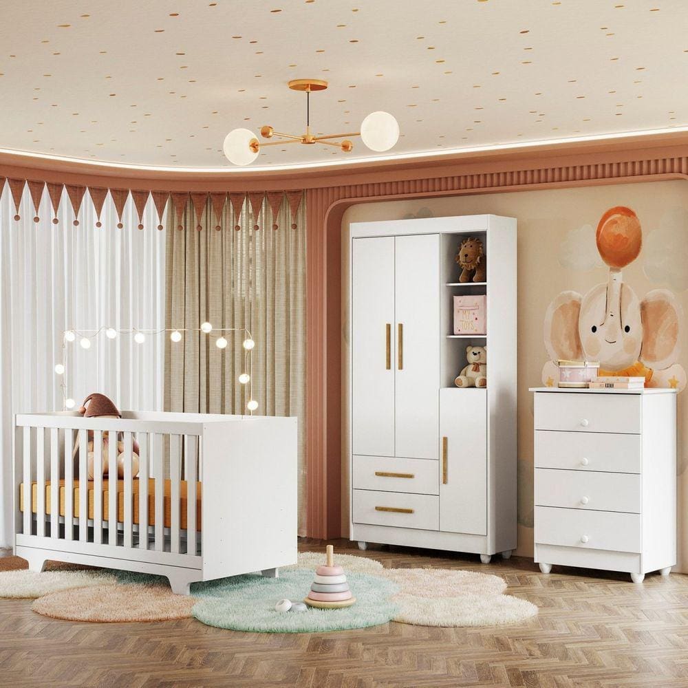 Quarto de Bebê Cômoda Berço e Guarda Roupa com Colchão Nina Branco