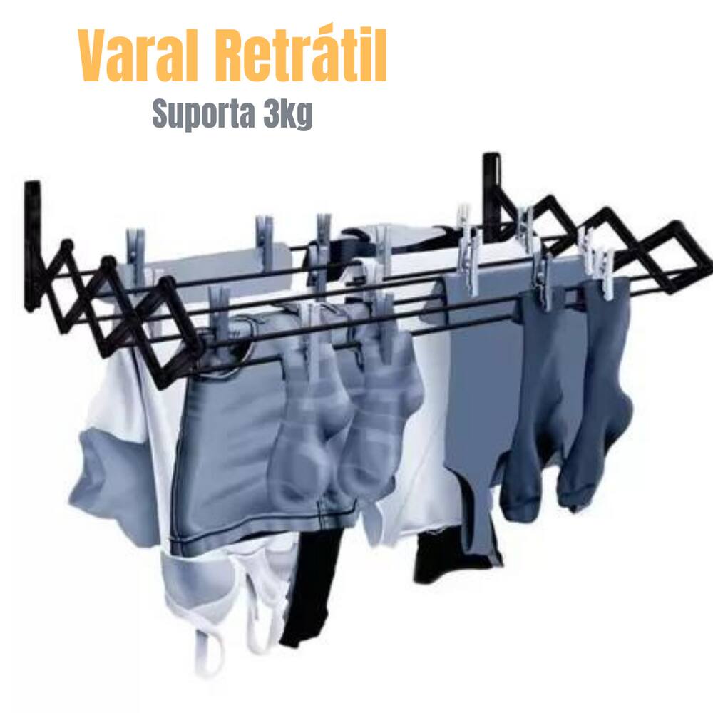 Varal De Parede Sanfonado 60cm Em Aço Reforçado Preto Para Lavanderia Apartamento Prático - Secalux