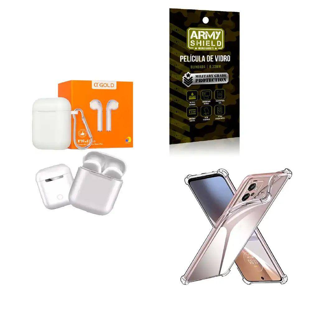 Kit Capinha Anti Shock Motorola E23 + Fone de Ouvido Bluetooth Sem Fio + Película de Vidro 3D