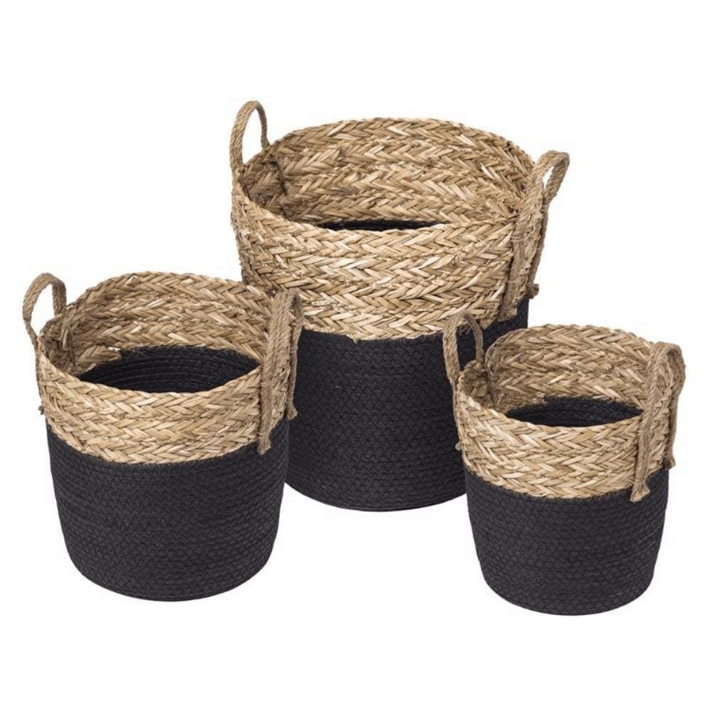 Conjunto 03 Cestos Patong Fibra Natural E Preto
