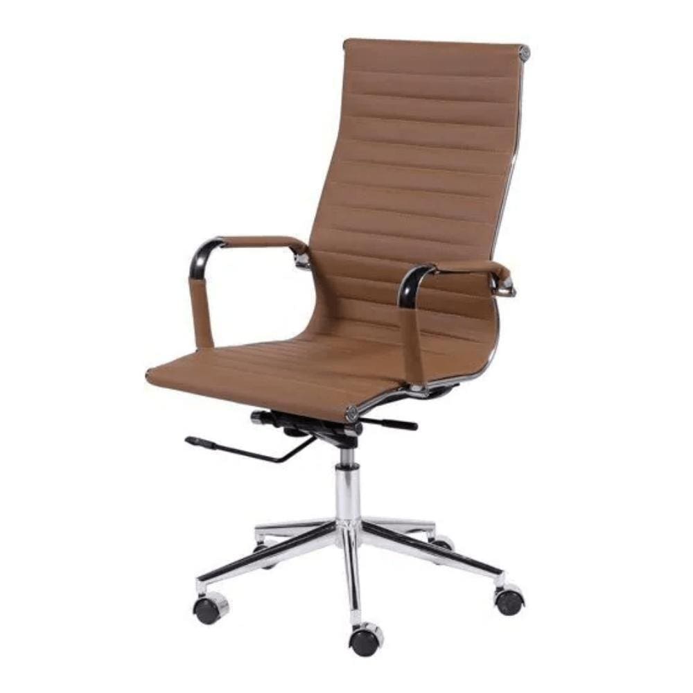 Cadeira Giratória Alta Office Esteirinha Em Pu Caramelo Base Rodízio Cromado