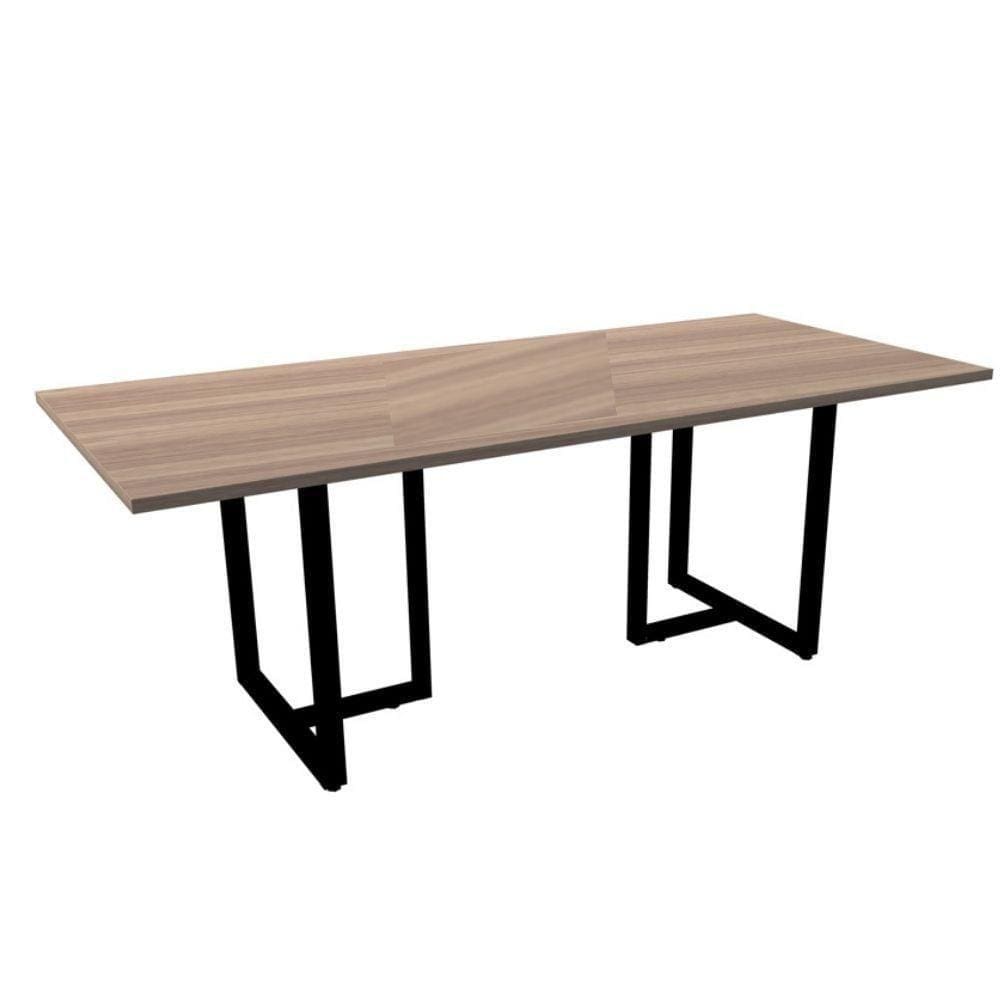 Mesa De Reunião Retangular 200 X 90 Cm Pé Tub Pe25 Em Mdp Noce Naturalle Base Preta