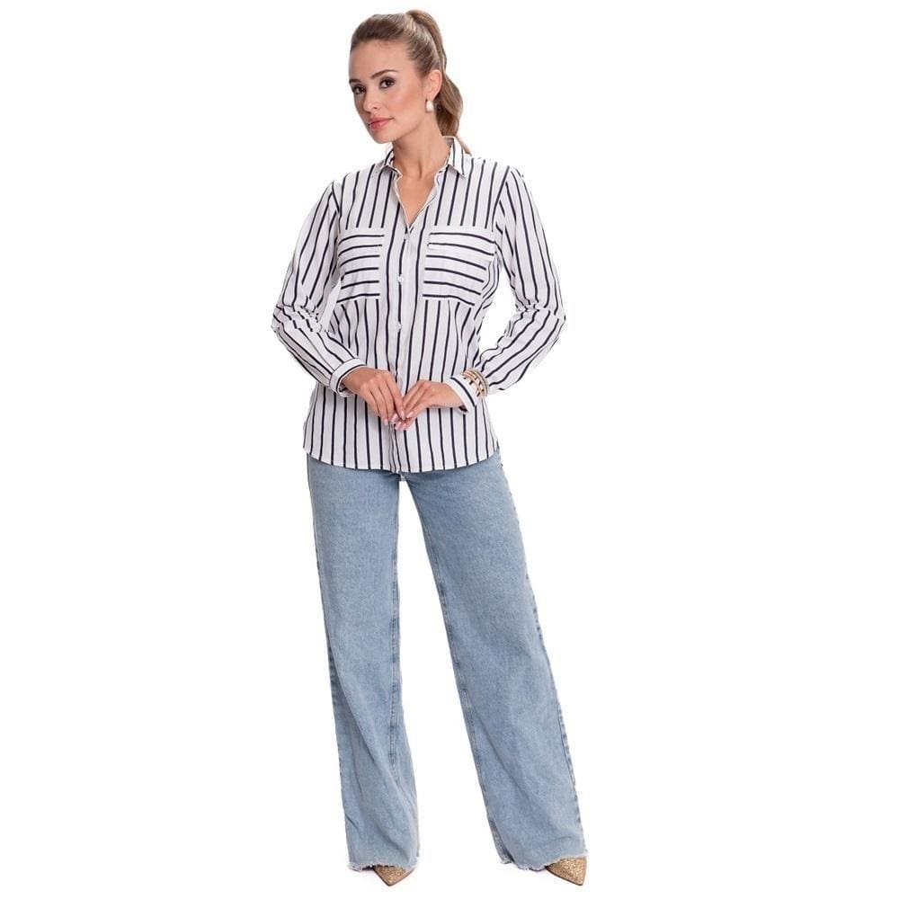 Camisa Social Feminina Ampla Listrada Camisão Bolsos Teodoro