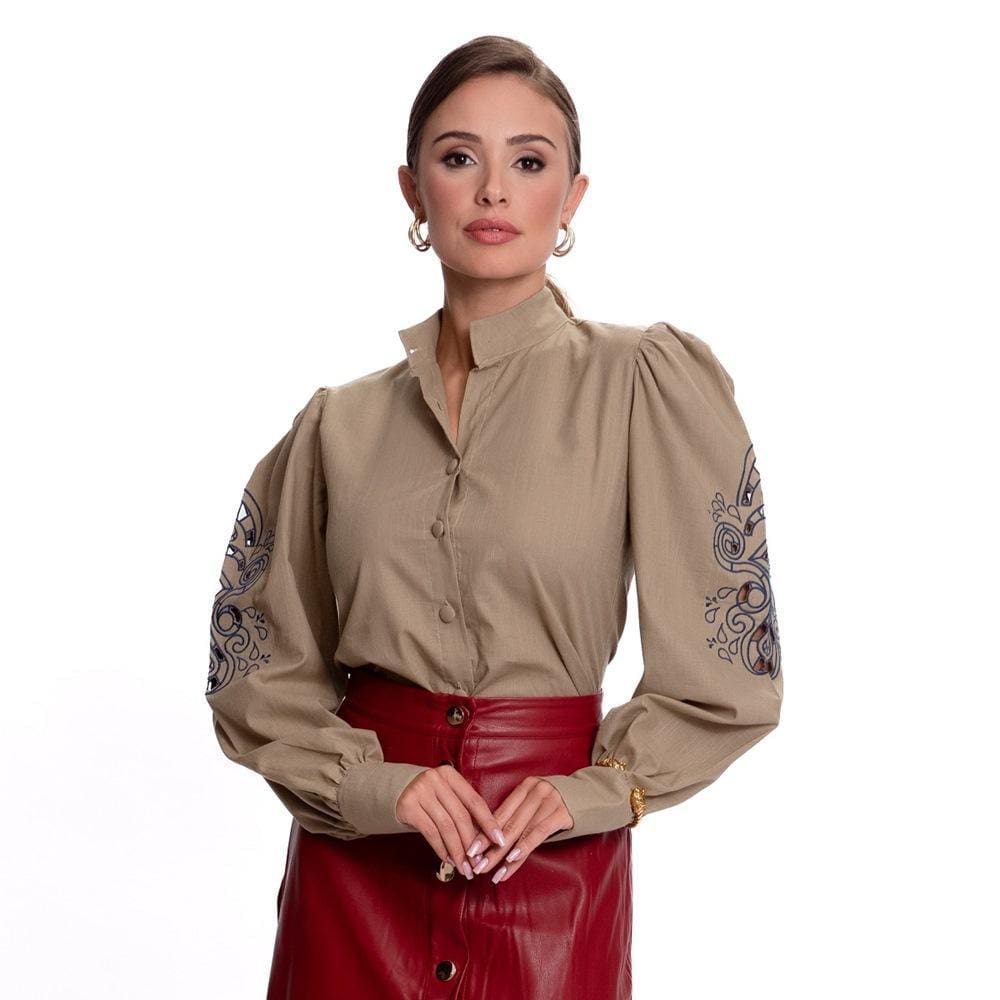 Camisa Social Feminina Bordado Richelieu Moderna Teodoro