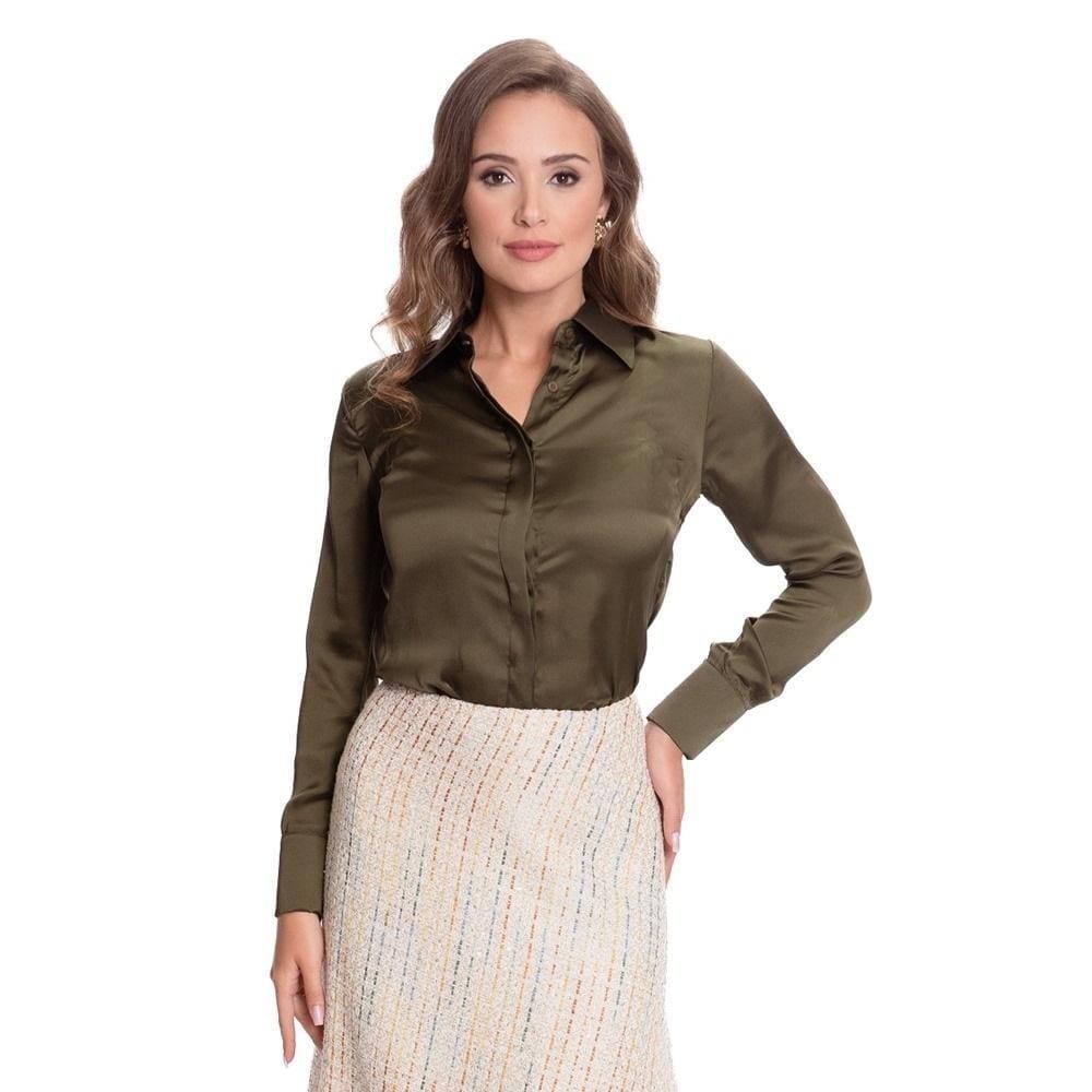 Camisa Social Feminina Manga Longa Cetim Teodoro Clássica