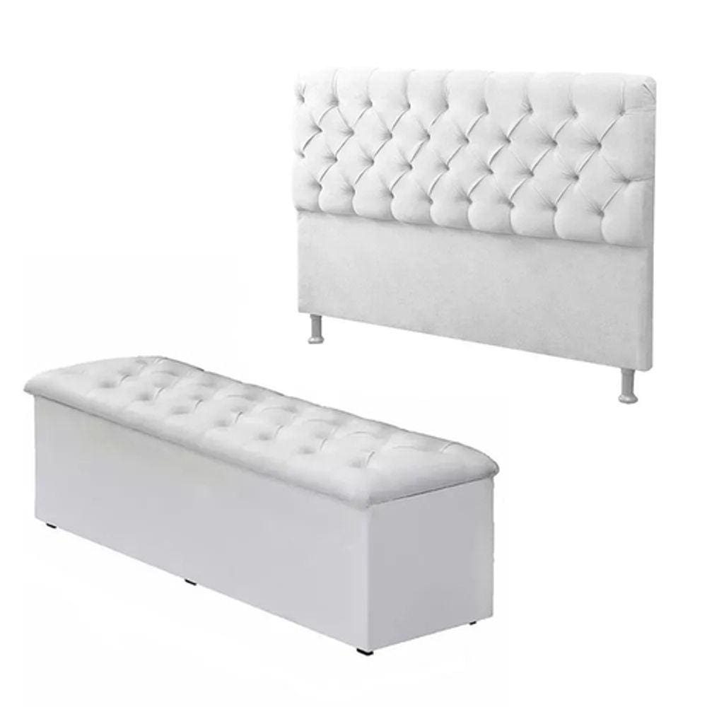 Cabeceira Casal Mais Calçadeira Baú 140cm Cama Box  Branco Suede -FDT