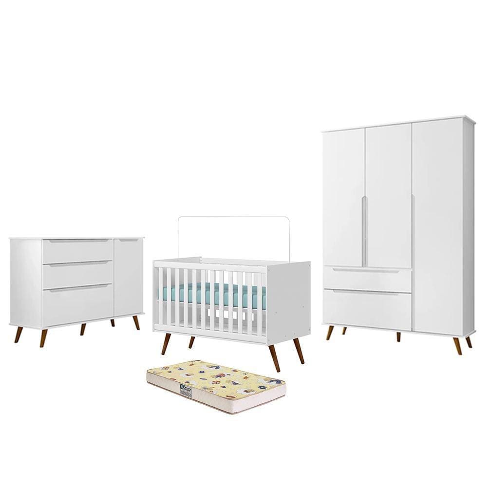 Dormitório Melinda Guarda Roupa, Cômoda e Berço Retrô Branco Acetinado com Colchão Supreme - Phoenix Baby
