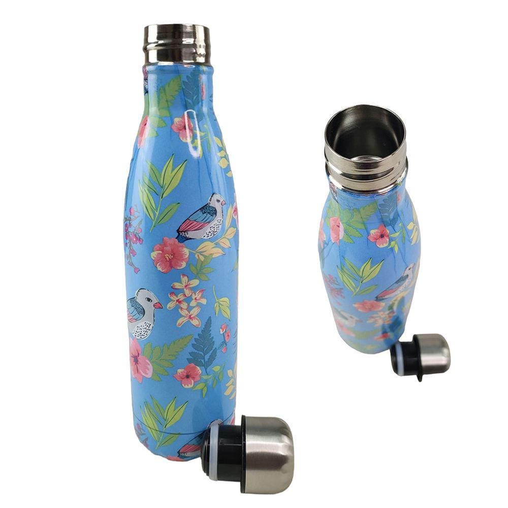 Garrafa Termica Estampada Inox 500Ml Floral Flores Passaro Florido Jardim Dia A Dia