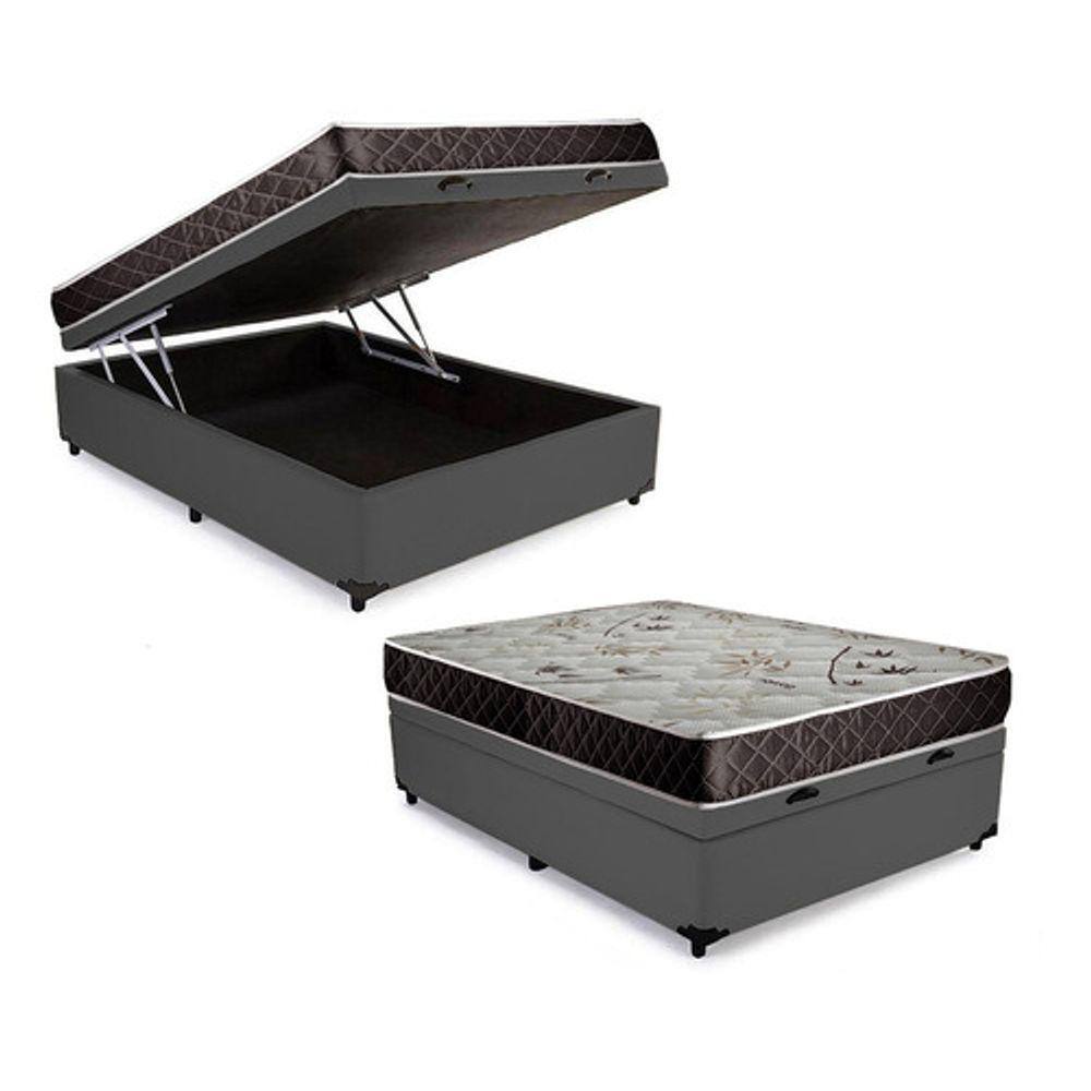 Cama Box Baú Casal Conforto Sintético Cinza + Colchão Casal Conforto Espuma D23 14x138x188