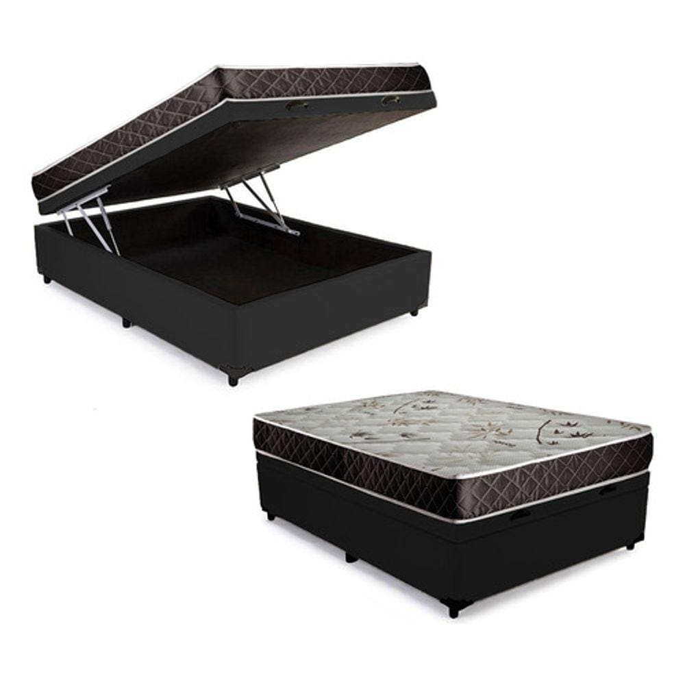 Cama Box Baú Casal Conforto Sintético Preto + Colchão Casal Conforto Espuma D23 17x138x188