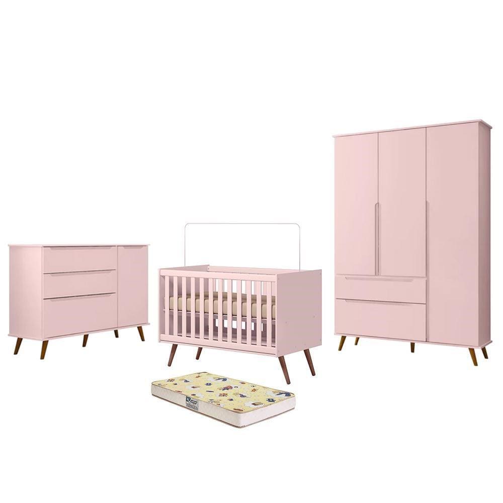 Dormitório Melinda Guarda Roupa, Cômoda e Berço Retrô Rosê Acetinado com Colchão Supreme - Phoenix Baby