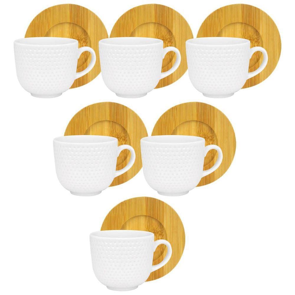 Kit 6 Xícaras De Porcelana Com Pires De Bambu 100Ml