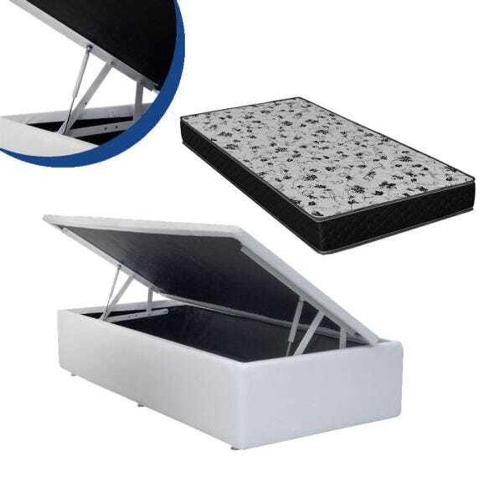 Cama Box Baú Solteiro Conforto Sintético Branco + Colchão Solteiro Conforto Espuma D33 14x88x188