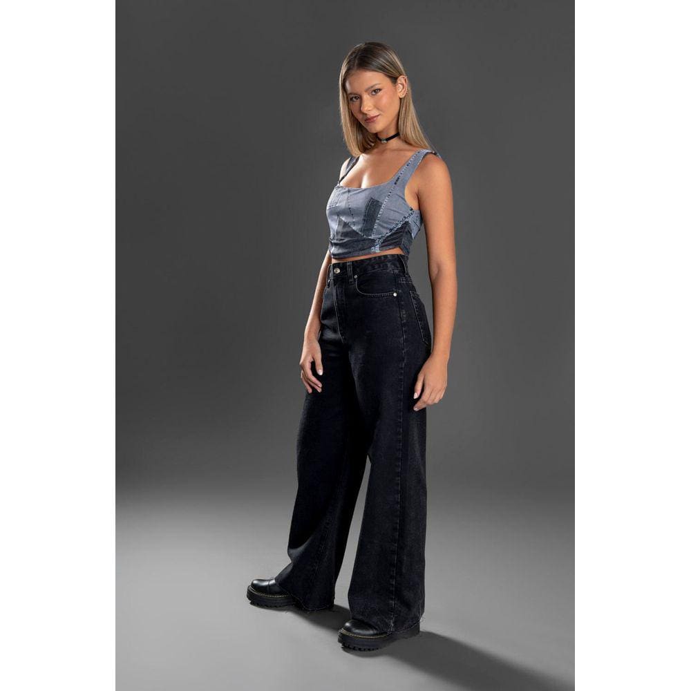 Corset Tule Zinzane Feminino Estampado Patch Jeans - Cinza