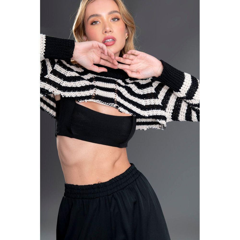 Cropped Zinzane Feminino Tricot Listras - Preto