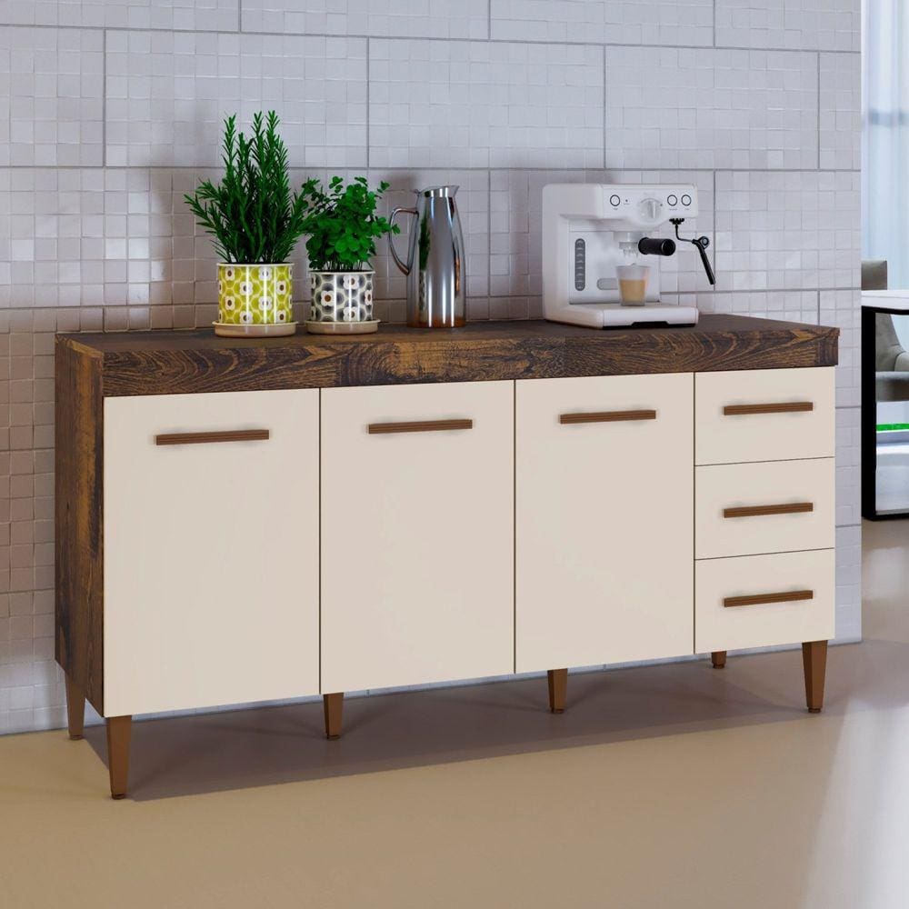 Balcão 3 Portas 3 Gavetas Atenas Ypê/Off White