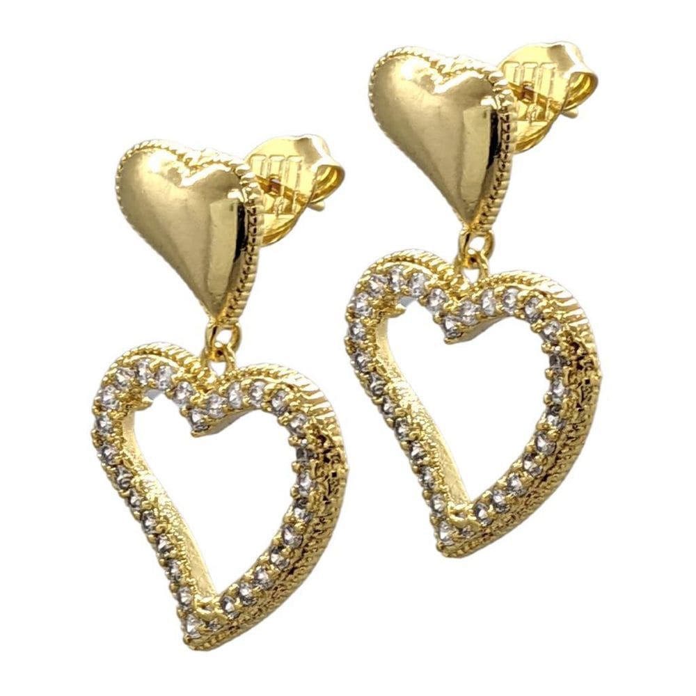 Brinco Folheado A Ouro 18K Corações Com Pedras Cravejadas