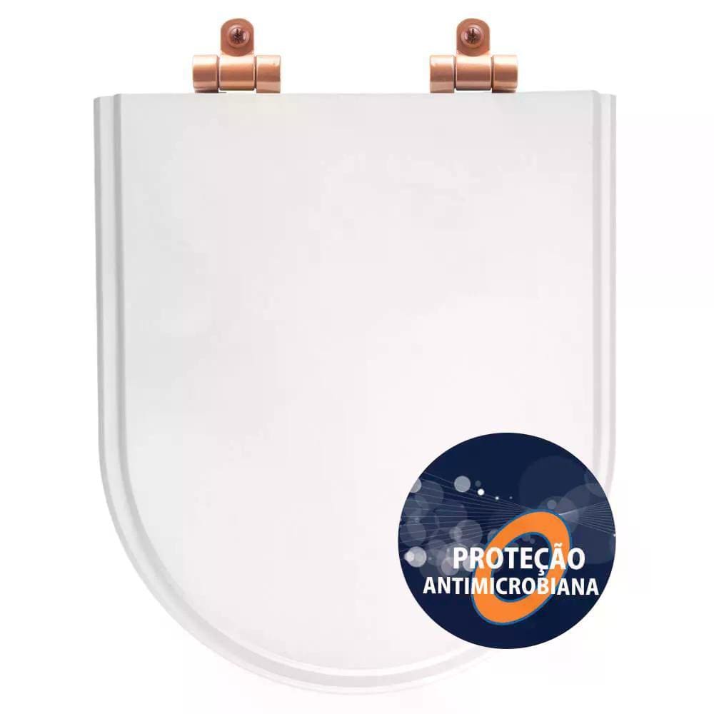 Tampa de Vaso Poliéster Antibactéria Com Fechamento Lento Link/LK Branco para Louça Deca com Ferragem Rose Gold