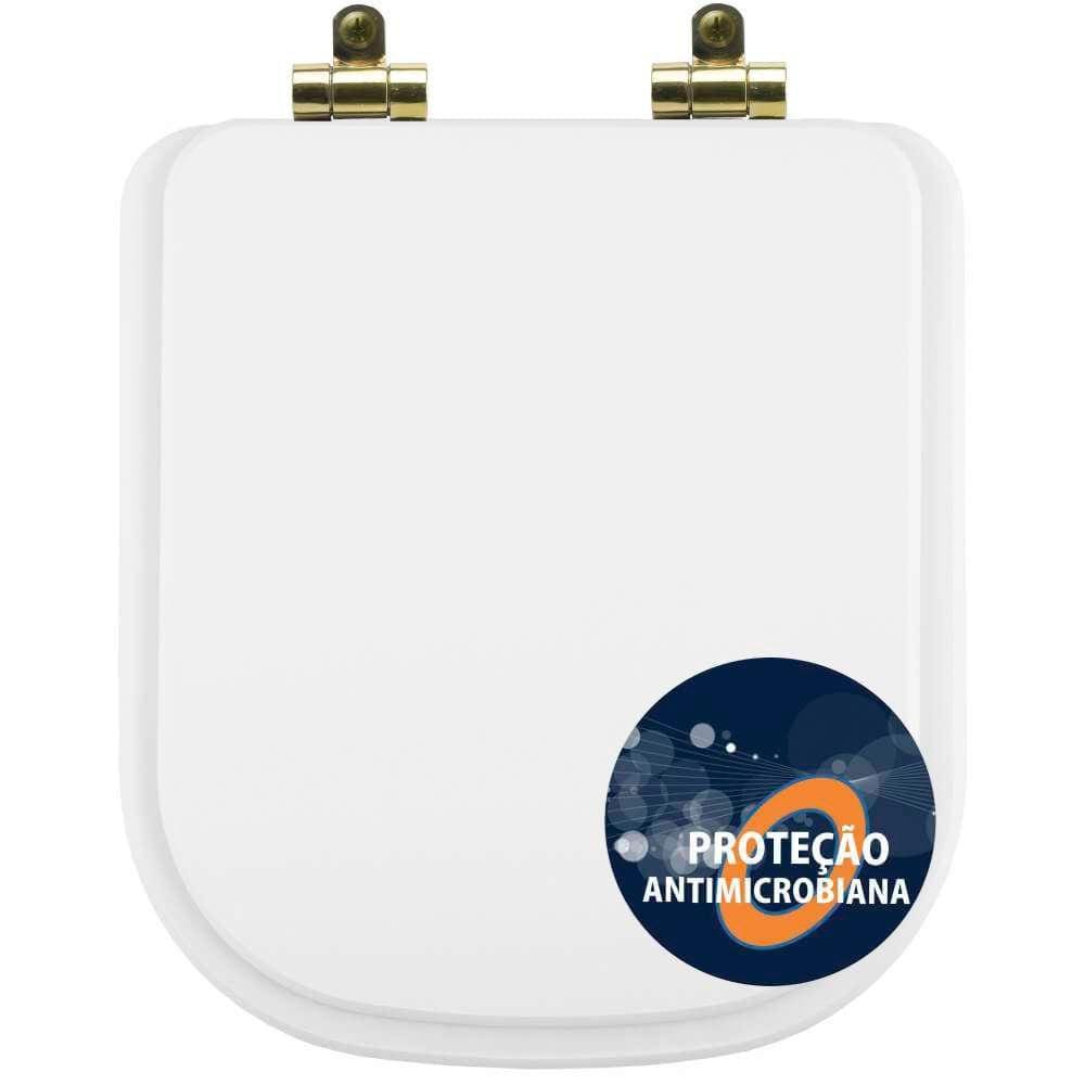 Assento Sanitário Poliéster Antibactéria Soft Close Quadra Branco para Vaso Deca com Ferragem Dourada