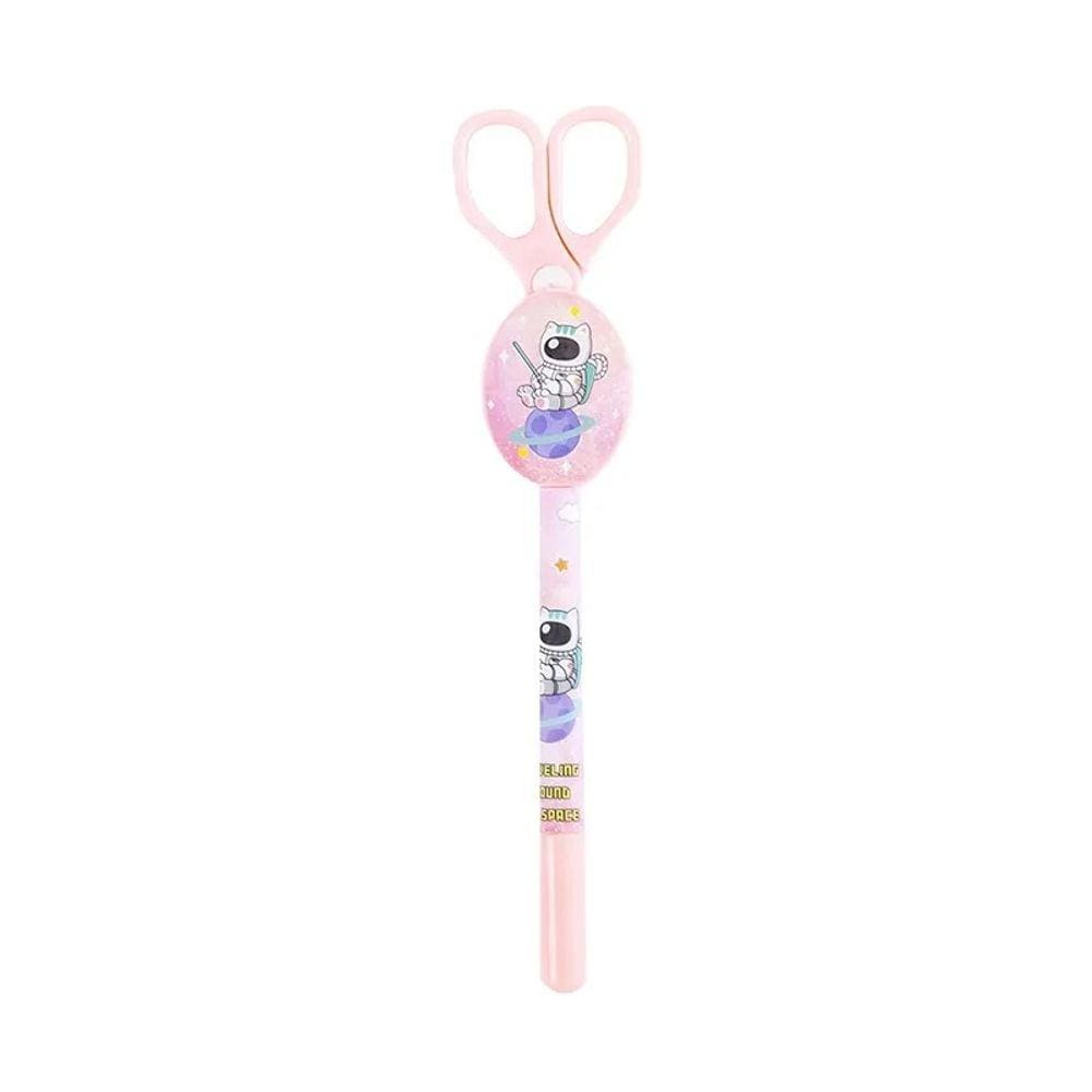 Caneta Gel 0.7mm Ponta Extra Fina c/ Mini Tesoura Segura Acoplada Tema Astronauta Espaço Fofa Kwaii - Unidade