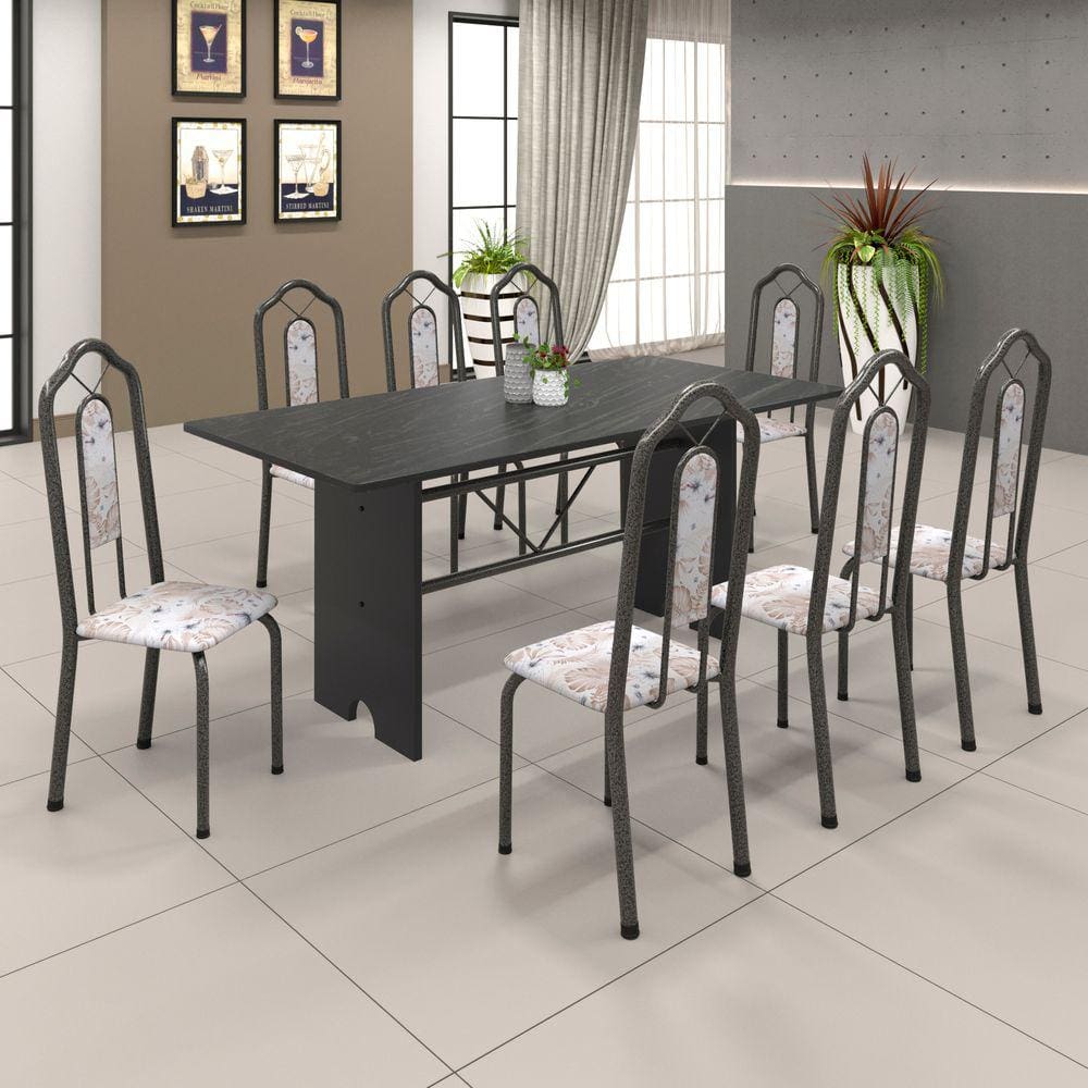 Conjunto de Mesa 071 180x75cm Tampo Ardósia com 8 Cadeiras Bianca Soma Móveis Botanic Bege / Mart Prata
