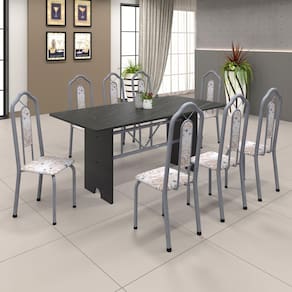 Conjunto de Mesa 071 180x75cm Tampo Ardósia com 8 Cadeiras Bianca Soma Móveis Botanic Bege / Mart Perola